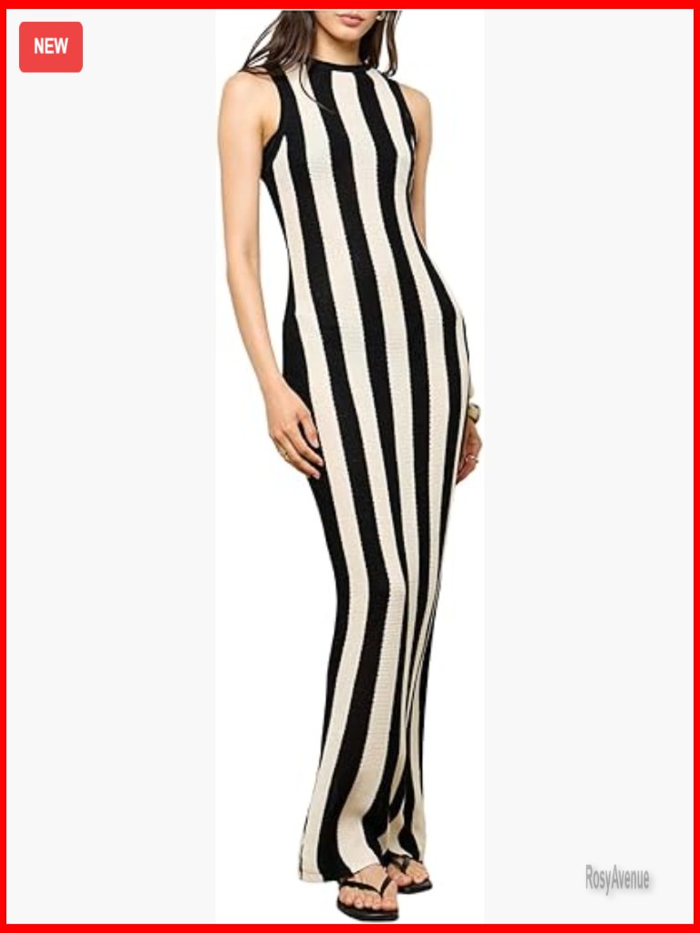 Striped Knit Maxi Tank Dress Sleeveless Bodycon Casual Summer